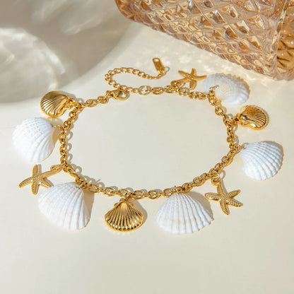 Wholesale Jewelry Hawaiian Vacation Tropical Starfish 304 Stainless Steel Shell 18K Gold Plated Inlay Anklet