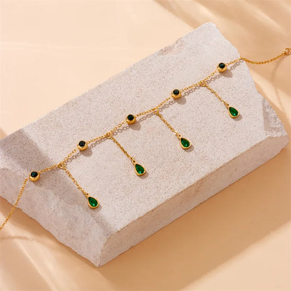 Wholesale Jewelry Hawaiian Vacation Water Droplets 304 Stainless Steel Rhinestones 18K Gold Plated Tassel Inlay Anklet