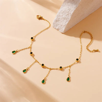 Wholesale Jewelry Hawaiian Vacation Water Droplets 304 Stainless Steel Rhinestones 18K Gold Plated Tassel Inlay Anklet