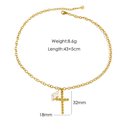 Wholesale Jewelry IG Style Baroque Style Simple Style Cross 304 Stainless Steel Baroque Pearl 14K Gold Plated Polishing Pendant Necklace