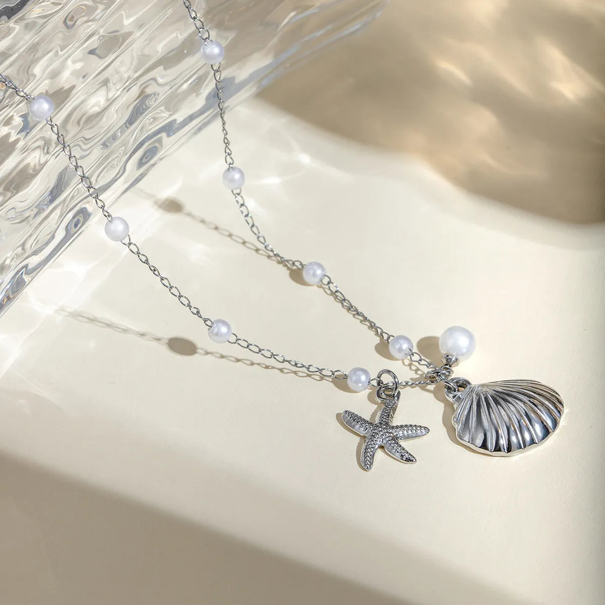 Wholesale Jewelry IG Style Beach Starfish Shell 304 Stainless Steel Shell Pearls Inlay Pendant Necklace