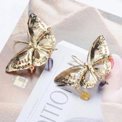 Wholesale Jewelry Ig Style Butterfly Alloy Gemstone Plating Hollow Out Drop Earrings