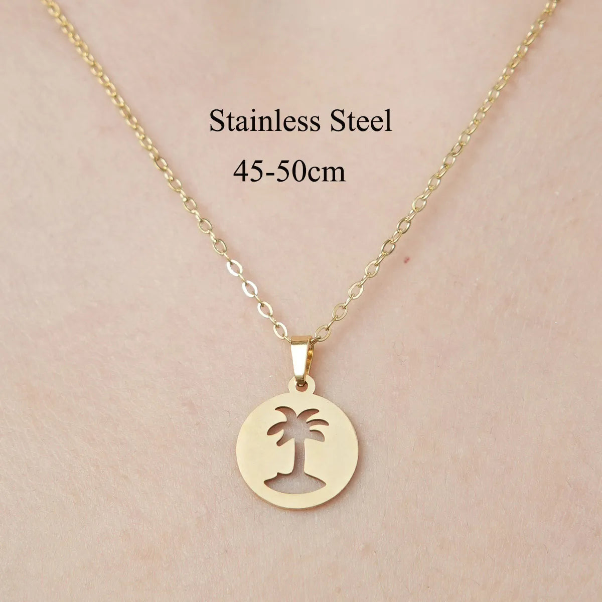 Wholesale Jewelry IG Style Casual  Palm Tree 201 Stainless Steel 18K Gold Plated Polishing Hollow Out Pendant Necklace