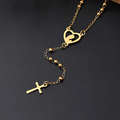 Wholesale Jewelry IG Style Casual Classical Cross Round Beads Virgin Mary 304 Stainless Steel 18K Gold Plated Handmade Polishing Plating Necklace