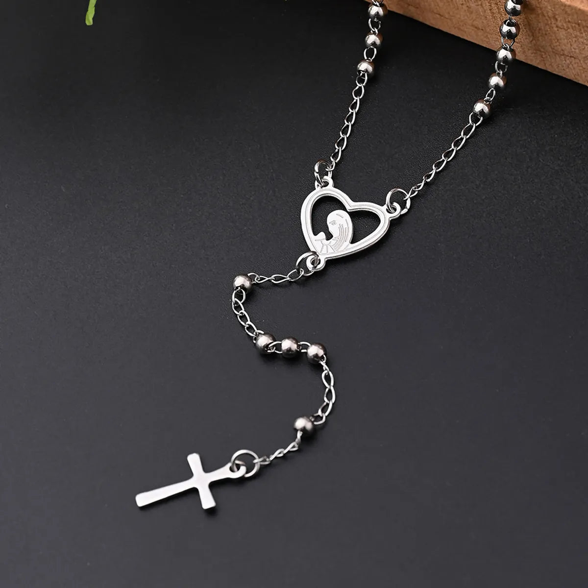 Wholesale Jewelry IG Style Casual Classical Cross Round Beads Virgin Mary 304 Stainless Steel 18K Gold Plated Handmade Polishing Plating Necklace