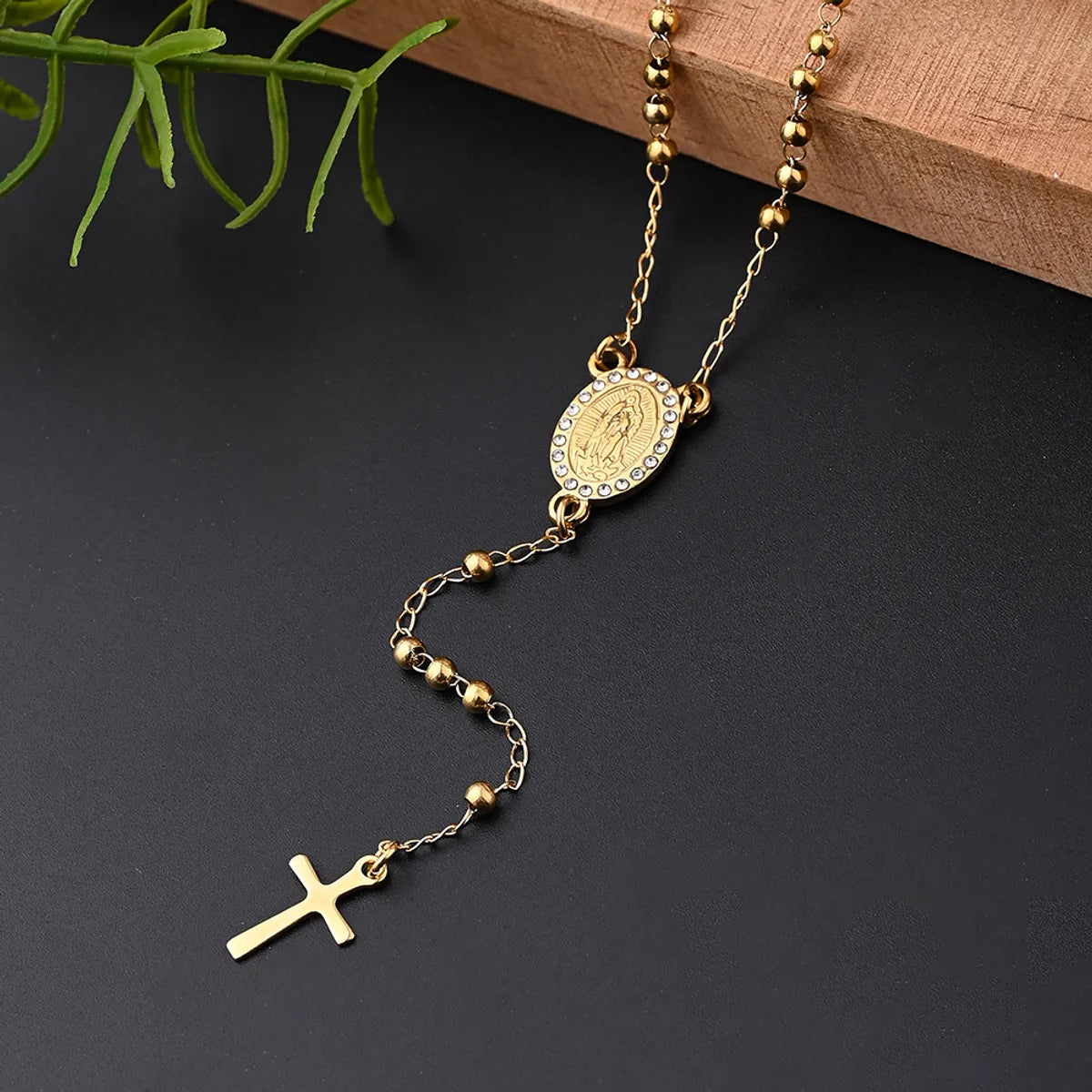 Wholesale Jewelry IG Style Casual Classical Cross Round Beads Virgin Mary 304 Stainless Steel Rhinestones 18K Gold Plated Handmade Plating Inlay Necklace