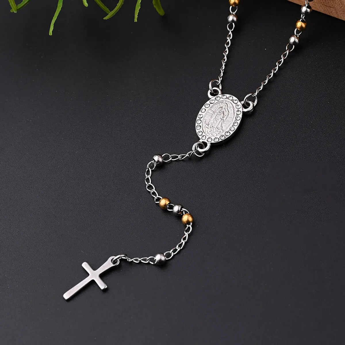 Wholesale Jewelry IG Style Casual Classical Cross Round Beads Virgin Mary 304 Stainless Steel Rhinestones 18K Gold Plated Handmade Plating Inlay Necklace