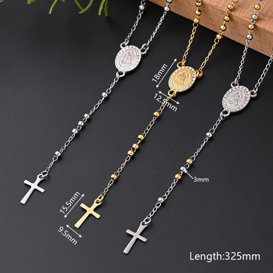 Wholesale Jewelry IG Style Casual Classical Cross Round Beads Virgin Mary 304 Stainless Steel Rhinestones 18K Gold Plated Handmade Plating Inlay Necklace