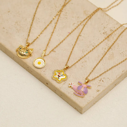 Wholesale Jewelry IG Style Casual Commute Star Cat Titanium Steel Zircon 18K Gold Plated Enamel Inlay Pendant Necklace