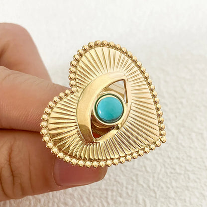 Wholesale Jewelry IG Style Casual Korean Style Oval Heart Shape Eagle 304 Stainless Steel Turquoise 14K Gold Plated Inlay Open Rings Rings