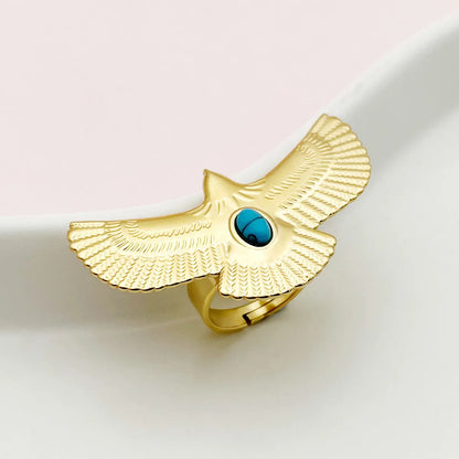 Wholesale Jewelry IG Style Casual Korean Style Oval Heart Shape Eagle 304 Stainless Steel Turquoise 14K Gold Plated Inlay Open Rings Rings