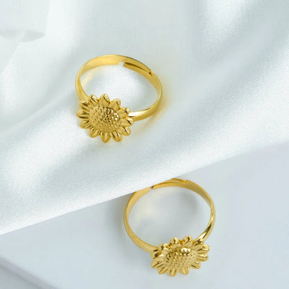 Wholesale Jewelry IG Style Casual Pastoral Sunflower Leaves Flower 304 Stainless Steel 14K Gold Plated Open Rings