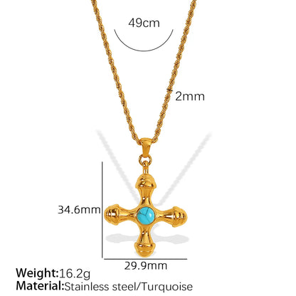 Wholesale Jewelry IG Style Casual Retro Cross 304 Stainless Steel Turquoise Tiger Eye 18K Gold Plated Polishing Plating Inlay Pendant Necklace