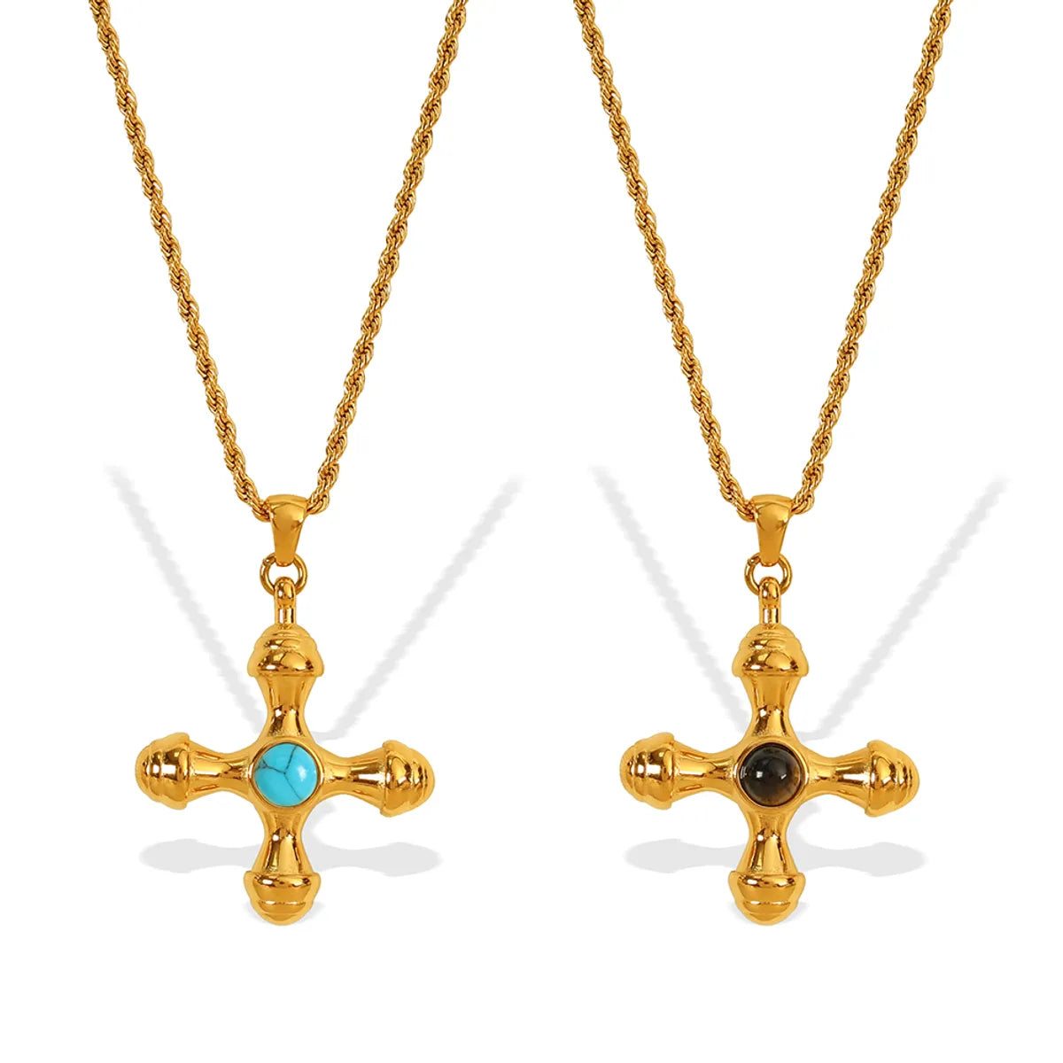 Wholesale Jewelry IG Style Casual Retro Cross 304 Stainless Steel Turquoise Tiger Eye 18K Gold Plated Polishing Plating Inlay Pendant Necklace