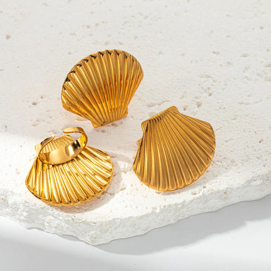 Wholesale Jewelry IG Style Casual Vacation Scallop Shell 304 Stainless Steel 14K Gold Plated Open Rings