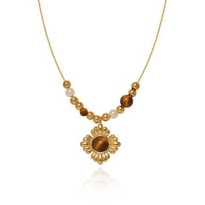 Wholesale Jewelry IG Style Classic Style Flower Titanium Steel Tiger Eye Gold Plated Inlay Pendant Necklace