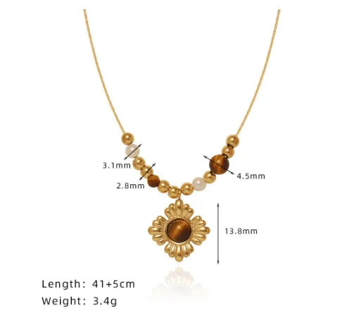 Wholesale Jewelry IG Style Classic Style Flower Titanium Steel Tiger Eye Gold Plated Inlay Pendant Necklace