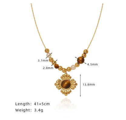 Wholesale Jewelry IG Style Classic Style Flower Titanium Steel Tiger Eye Gold Plated Inlay Pendant Necklace