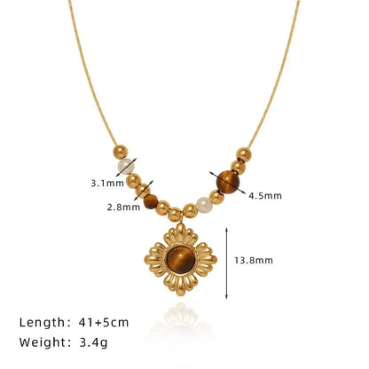 Wholesale Jewelry IG Style Classic Style Flower Titanium Steel Tiger Eye Gold Plated Inlay Pendant Necklace