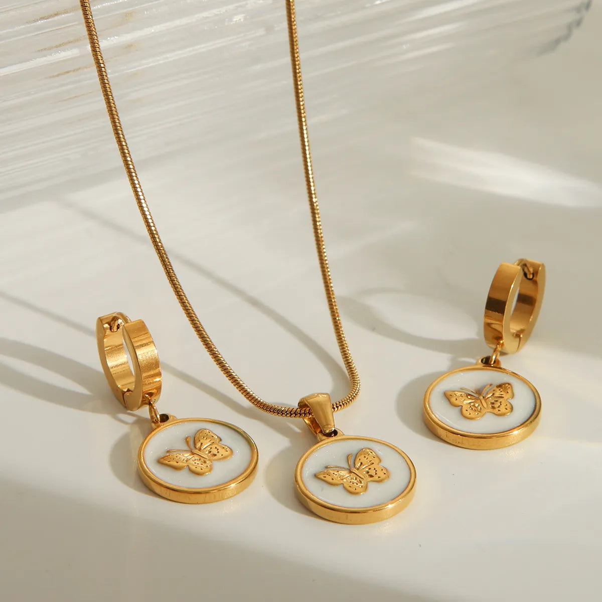 Wholesale Jewelry IG Style Commute Round Butterfly 304 Stainless Steel 18K Gold Plated Enamel Jewelry Set