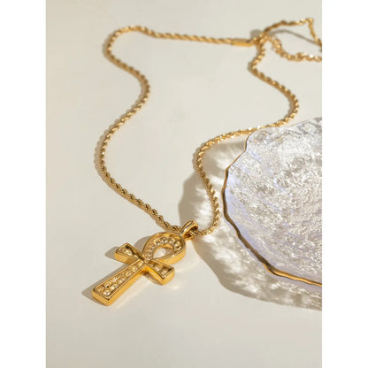 Wholesale Jewelry IG Style Cross 304 Stainless Steel Rhinestones 18K Gold Plated Inlay Pendant Necklace