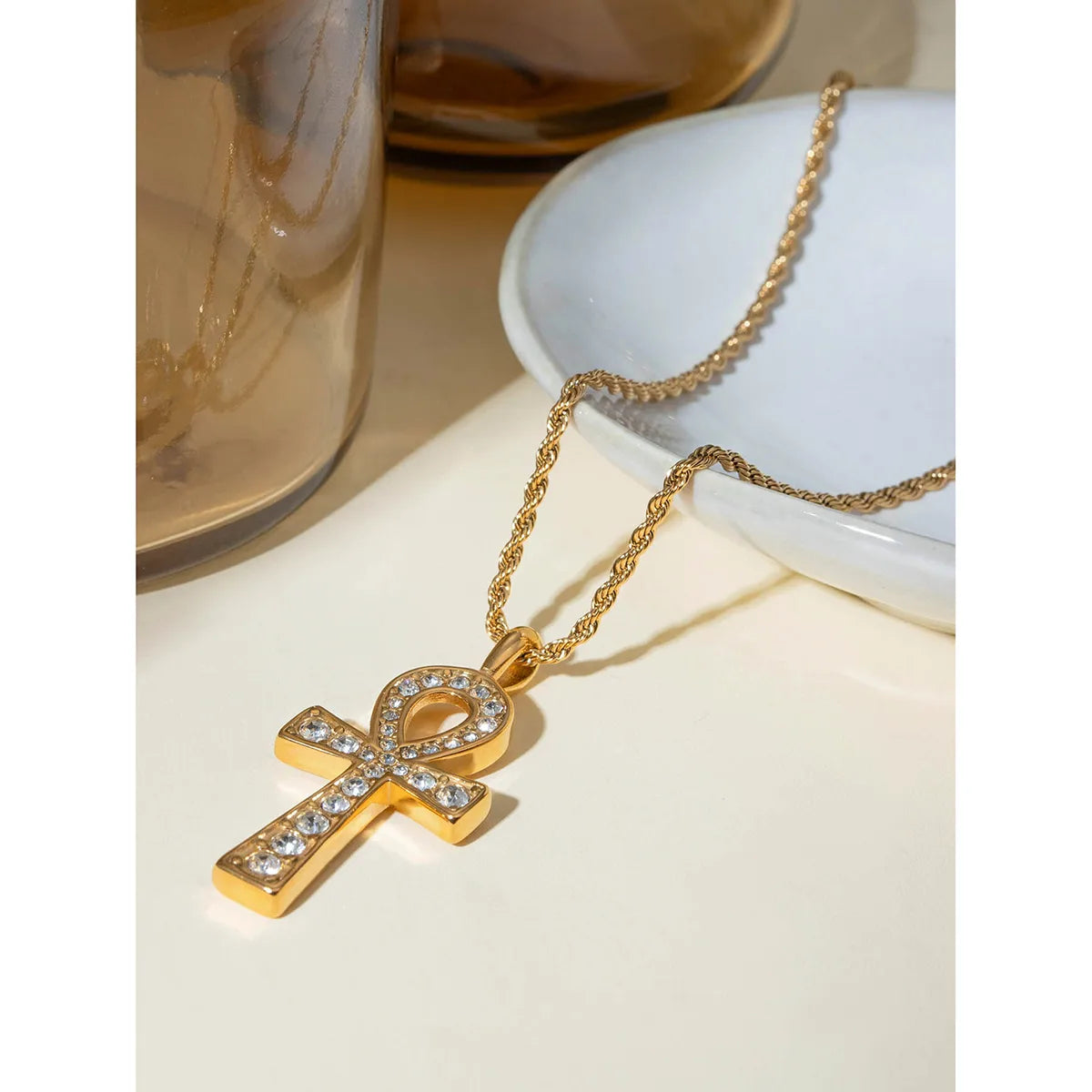 Wholesale Jewelry IG Style Cross 304 Stainless Steel Rhinestones 18K Gold Plated Inlay Pendant Necklace