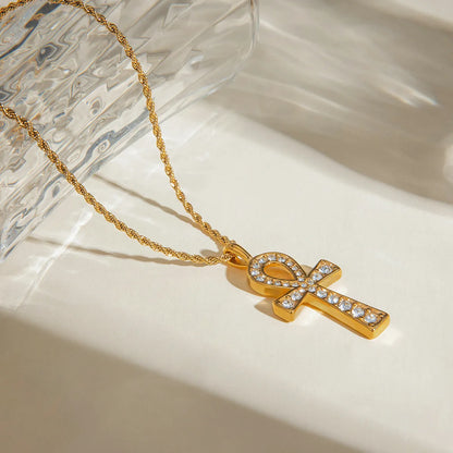 Wholesale Jewelry IG Style Cross 304 Stainless Steel Rhinestones 18K Gold Plated Inlay Pendant Necklace