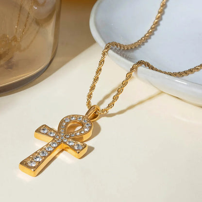 Wholesale Jewelry IG Style Cross 304 Stainless Steel Rhinestones 18K Gold Plated Inlay Pendant Necklace