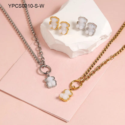 Wholesale Jewelry IG Style Cute Bear 304 Stainless Steel Artificial Gemstones 18K Gold Plated Inlay Jewelry Set