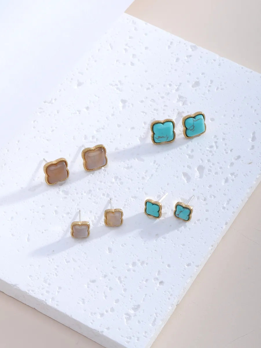 Wholesale Jewelry Ig Style Cute Simple Style Four Leaf Clover Flower Alloy Turquoise Agate 18k Gold Plated Plating Inlay Ear Studs