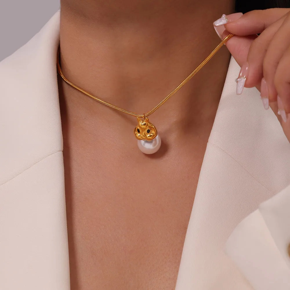 Wholesale Jewelry IG Style Cute Sweet Rabbit Round 304 Stainless Steel Artificial Pearls 18K Gold Plated Inlay Earrings Necklace