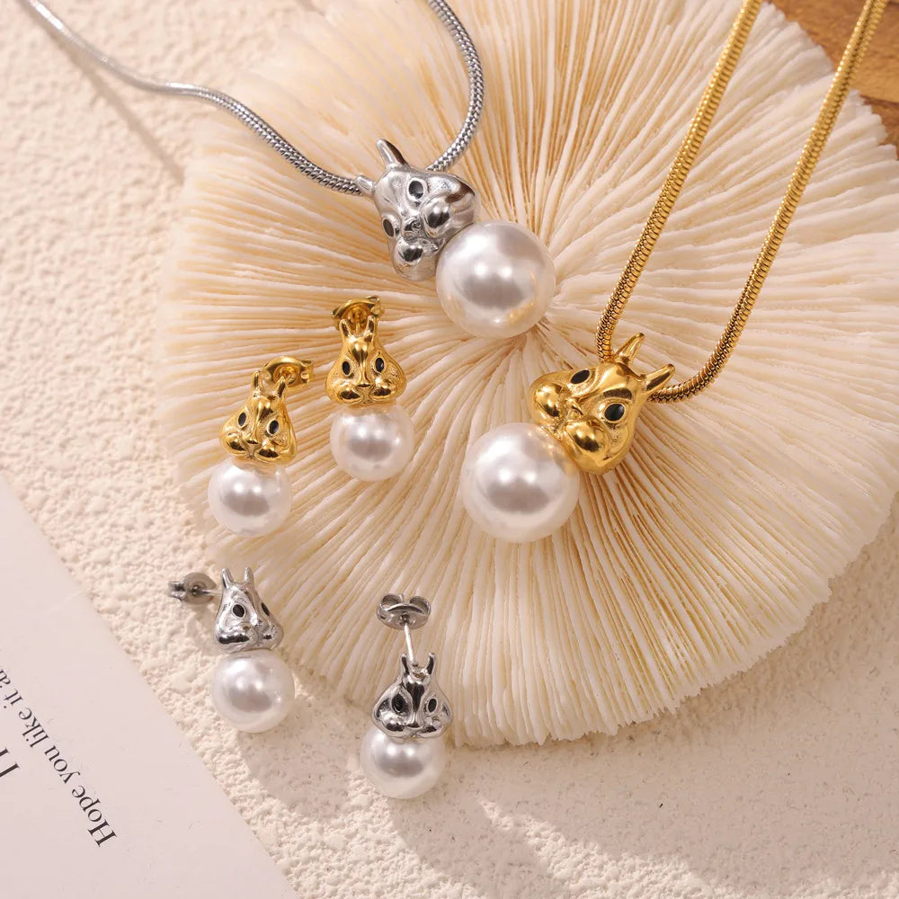 Wholesale Jewelry IG Style Cute Sweet Rabbit Round 304 Stainless Steel Artificial Pearls 18K Gold Plated Inlay Earrings Necklace