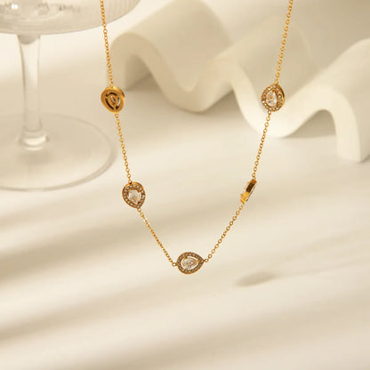 Wholesale Jewelry IG Style Elegant French Style Oval Water Droplets 304 Stainless Steel Zircon 18K Gold Plated Inlay Pendant Necklace