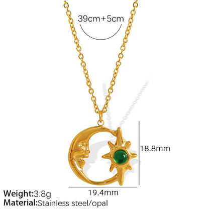 Wholesale Jewelry IG Style Elegant French Style Star Moon 304 Stainless Steel Opal Opal 18K Gold Plated Inlay Pendant Necklace