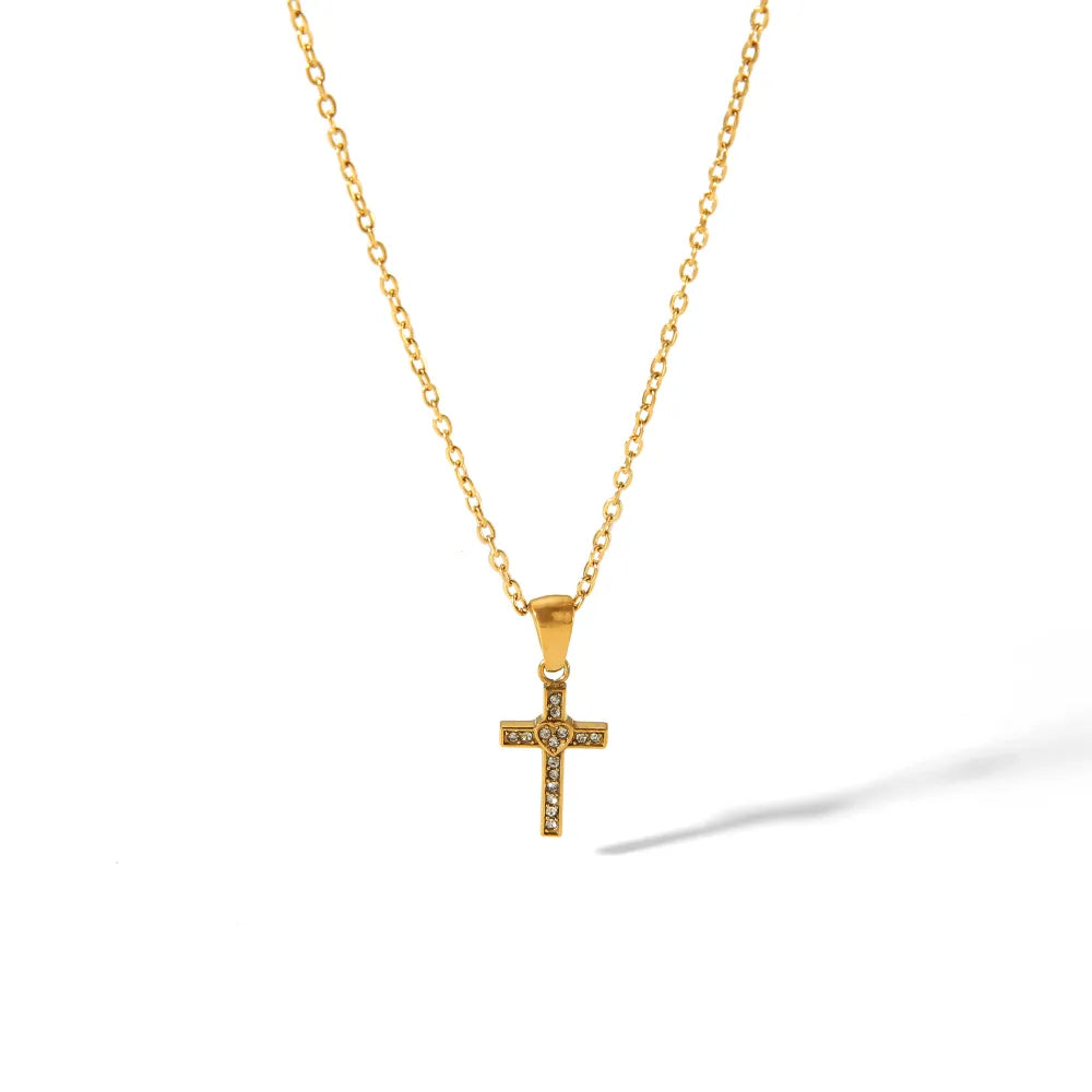 Wholesale Jewelry IG Style Elegant Simple Style Cross Heart Shape 304 Stainless Steel Zircon 18K Gold Plated Inlay Pendant Necklace