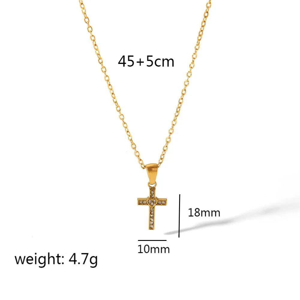 Wholesale Jewelry IG Style Elegant Simple Style Cross Heart Shape 304 Stainless Steel Zircon 18K Gold Plated Inlay Pendant Necklace