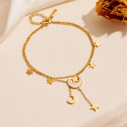 Wholesale Jewelry IG Style Elegant Simple Style Star Moon Titanium Steel Acrylic Shell 18K Gold Plated Inlay Anklet Necklace