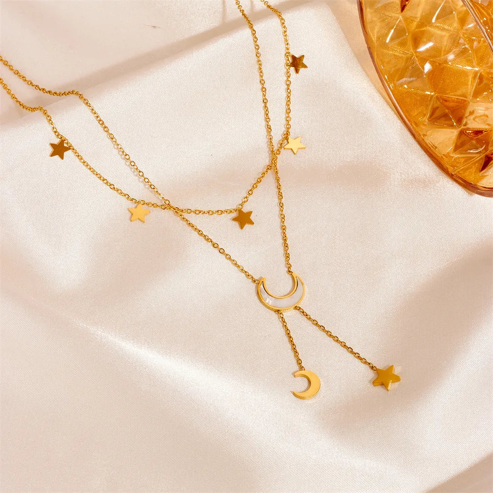 Wholesale Jewelry IG Style Elegant Simple Style Star Moon Titanium Steel Acrylic Shell 18K Gold Plated Inlay Anklet Necklace