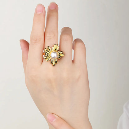 Wholesale Jewelry IG Style Flower 304 Stainless Steel Shell 18K Gold Plated Inlay Open Rings