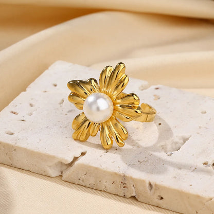 Wholesale Jewelry IG Style Flower 304 Stainless Steel Shell 18K Gold Plated Inlay Open Rings