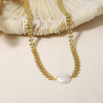 Wholesale Jewelry IG Style French Style Grain 304 Stainless Steel 18K Gold Plated Pearl Pendant Necklace