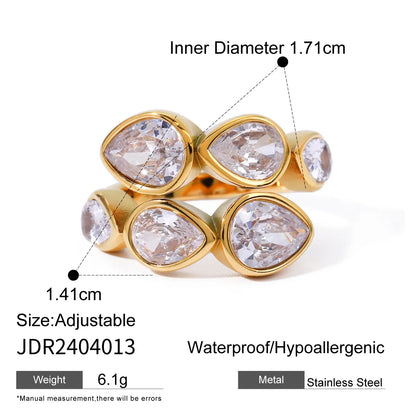 Wholesale Jewelry IG Style Geometric Water Droplets 316 Stainless Steel  Zircon 18K Gold Plated Inlay Open Rings