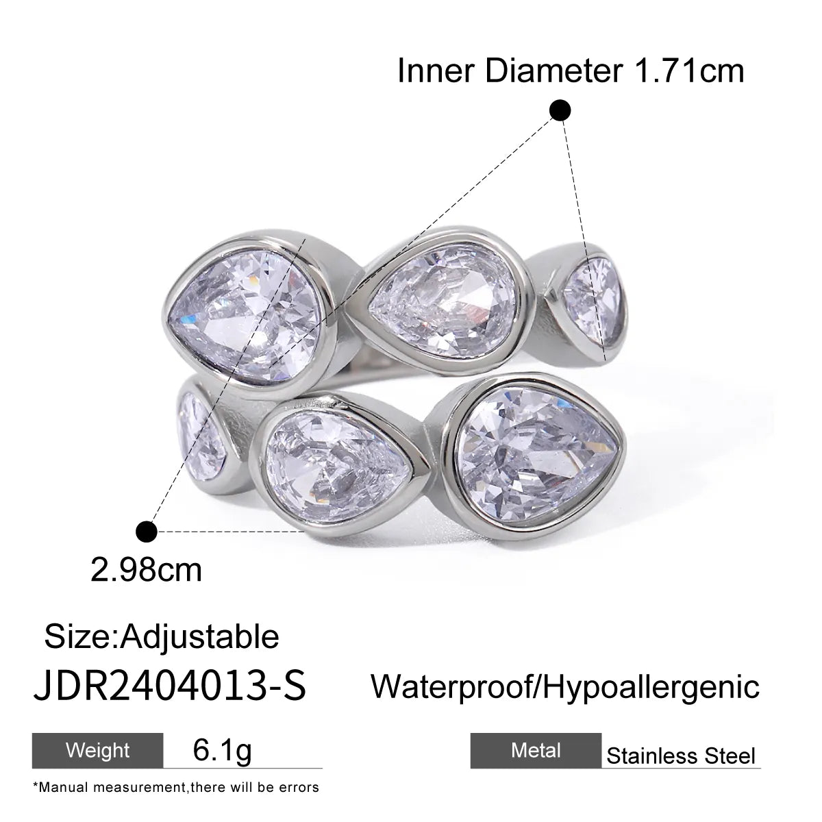 Wholesale Jewelry IG Style Geometric Water Droplets 316 Stainless Steel  Zircon 18K Gold Plated Inlay Open Rings