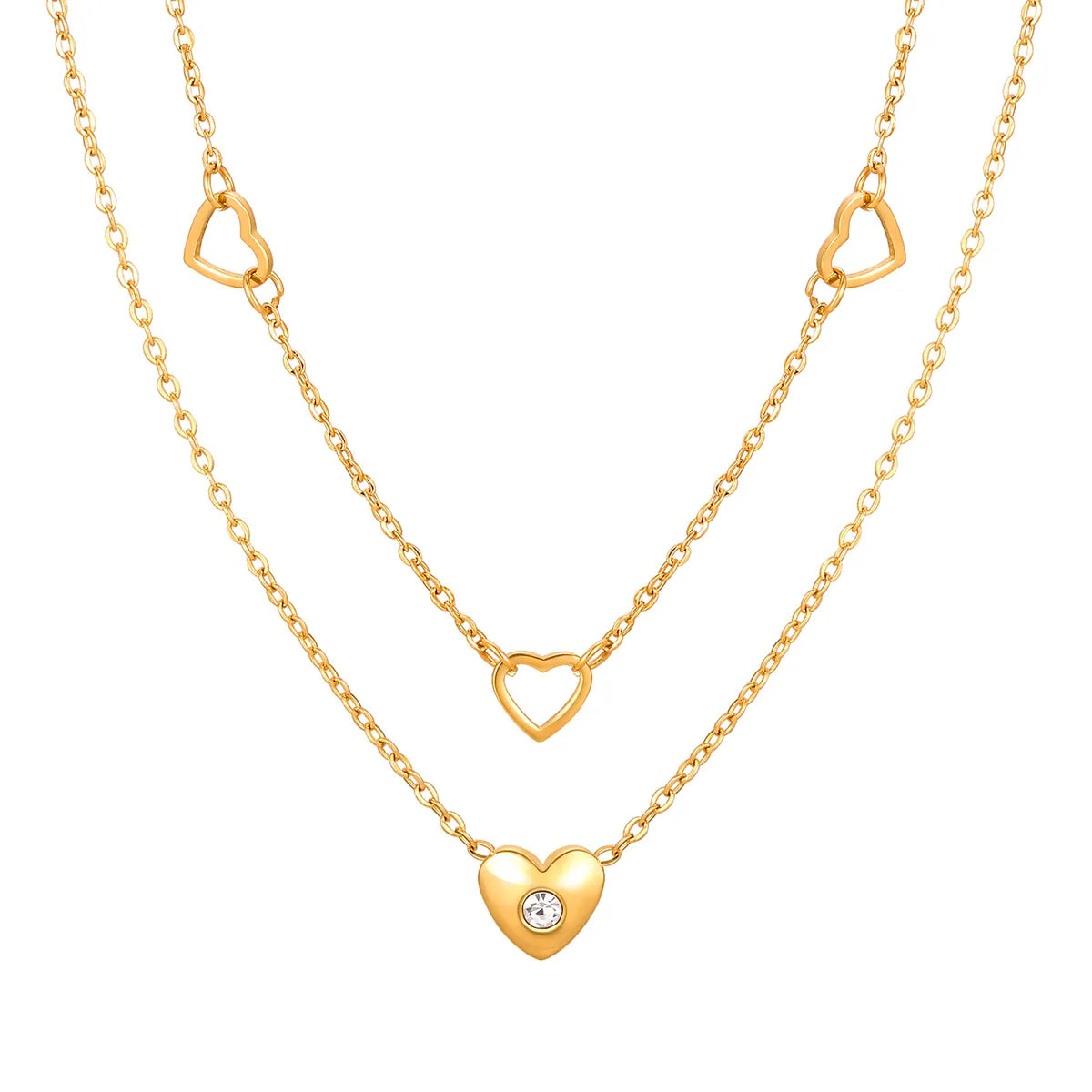 Wholesale Jewelry IG Style Heart Shape 304 Stainless Steel Zircon 18K Gold Plated Hollow Out Inlay Double Layer Necklaces