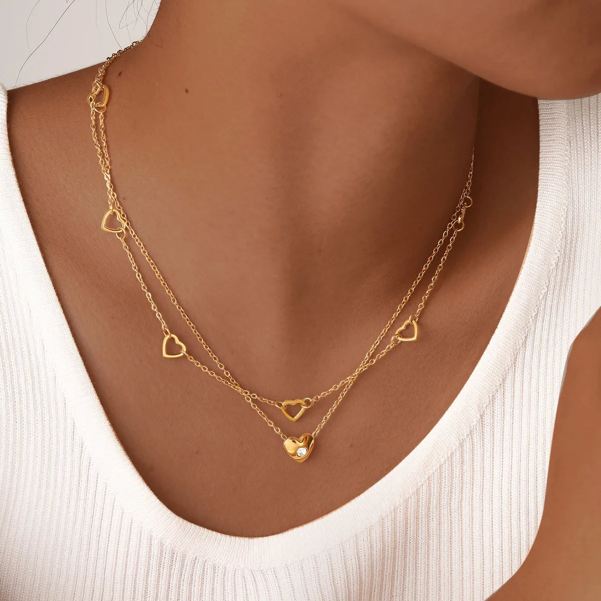 Wholesale Jewelry IG Style Heart Shape 304 Stainless Steel Zircon 18K Gold Plated Hollow Out Inlay Double Layer Necklaces