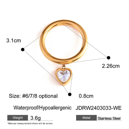 Wholesale Jewelry IG Style Heart Shape 304 Stainless Steel Zircon 18K Gold Plated Inlay Charm Rings