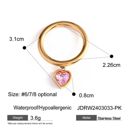 Wholesale Jewelry IG Style Heart Shape 304 Stainless Steel Zircon 18K Gold Plated Inlay Charm Rings