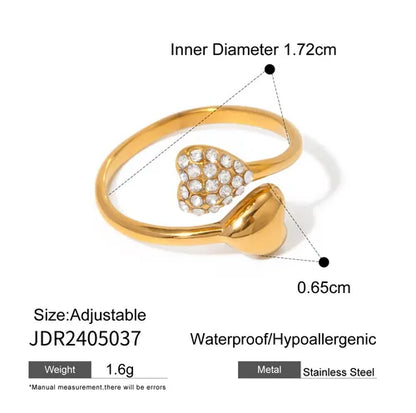 Wholesale Jewelry IG Style Heart Shape 316 Stainless Steel  Rhinestones 18K Gold Plated Inlay Open Rings