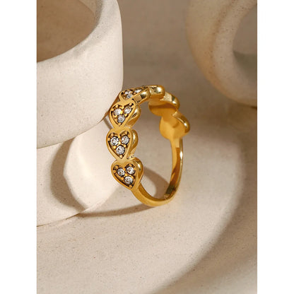 Wholesale Jewelry IG Style Heart Shape 316 Stainless Steel  Rhinestones 18K Gold Plated Inlay Rings