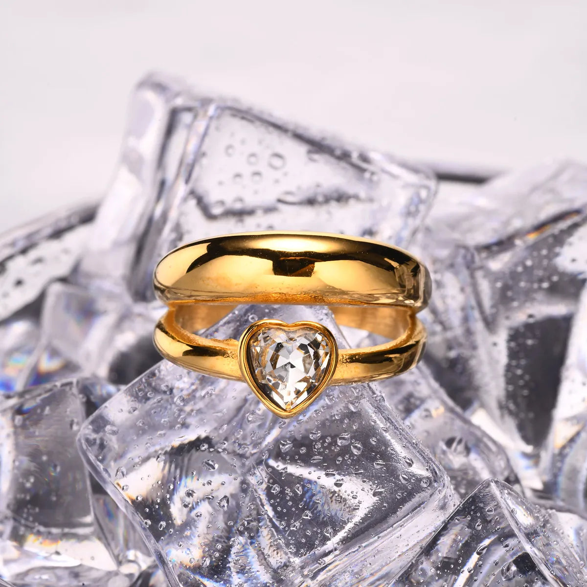 Wholesale Jewelry IG Style Heart Shape Solid Color 304 Stainless Steel Zircon 18K Gold Plated Inlay Rings